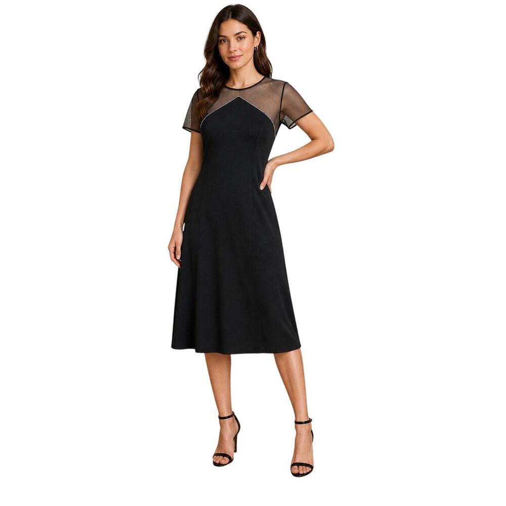 Vintage Francais by Huey Waltzer Black Sheer Mesh Cocktail Dress Size 10 Midi